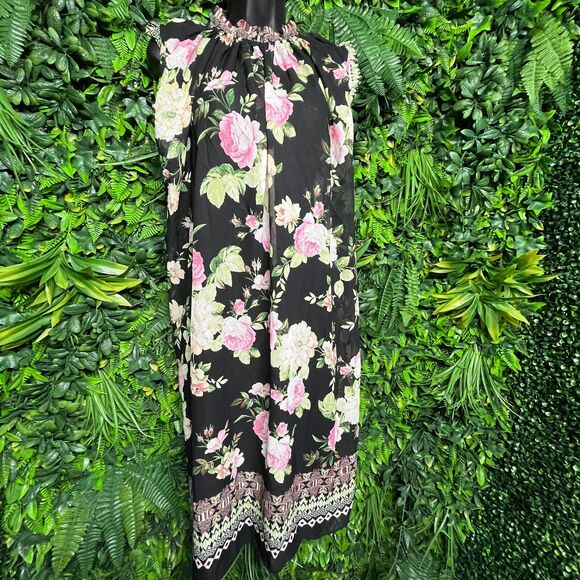 Women Dress Medium Black Floral Sleeveless Flared Ups & Downs 1228 - Picture 6 of 11